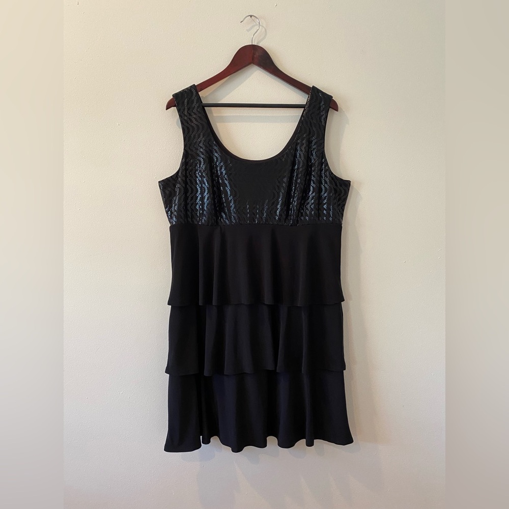 Fashion Bug Tank Dress XL Sequin Print Tiered Made In USA Fully Lined Black